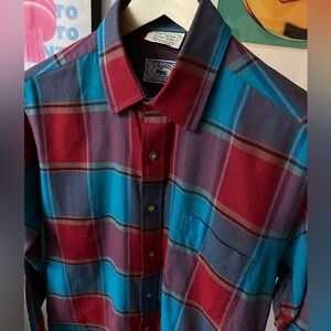Lacoste Izod Vintage 90's Button Up Shirt 100% Cotton Red/Turquoise 15.5" Medium